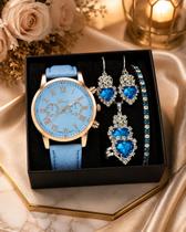 Kit Relógio Feminino Geneva Azul Completo com Colar Brincos Pulseira e Anel Presente