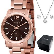 Kit relogio feminino lince rose gold com colar e brinco lrr4713 n2rx