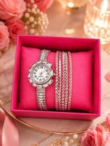 Kit Relógio Feminino Luxo Prateado Strass Elegante e Versátil para Presente