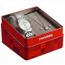 Kit Relógio Feminino Mondaine Coração de Prata + Colar e Brinco Ponto de Luz
