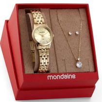 Kit Relógio Feminino Mondaine Dourado Com Colar E Brincos 32606Lpmkde1K1