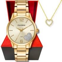 Kit Relógio Feminino Mondaine Dourado Coração Glitter Colar
