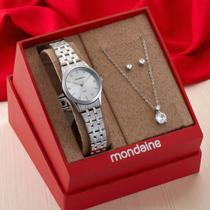 Kit Relógio Feminino Mondaine Prata Original com Brinco E Colar Prata Ponto de Luz com Garantia e Nota Fiscal