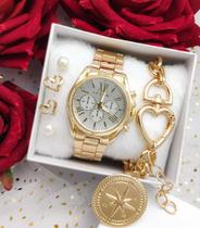 Kit Relógio Feminino Pallyjane Prova D'água Todo em aço Inoxidável Dourado Rose com Pulseira e Brincos + Caixa