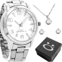 Kit Relógio Feminino Prata + Colar + Brincos Strass + Caixa Presente Mulher Mãe