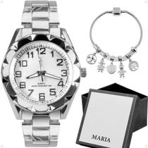 Kit Relógio Feminino Prata Prova D'agua + Pulseira Estilo Pandora + Caixa Presente Mulher Mãe