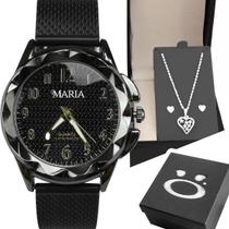 Kit Relógio Feminino Preto Prata + Colar Coração + Brinco + Caixa Presente Mulher Mãe