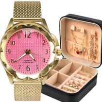 Kit Rélógio Feminino Quartz Prova D'água + Porta Joias + 5 Brincos + Colar + Pulseira + Anel