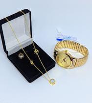 Kit Relógio Feminino Quartz Pulseira aço inox elástica analógico Redondo + Conjunto Colar e Brincos Folheado a Ouro Luxo - LVO
