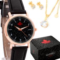 Kit Relógio Feminino QUEBEC Analógico QB001 - Rose e Preto + Colar e Brinco