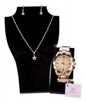 kit relógio feminino rose analógico luxo kit relógio feminino rose analógico luxo