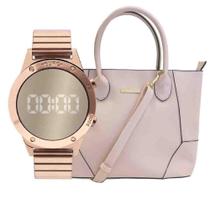 Kit Relógio Feminino Rose Euro + Bolsa Rose + Lente Olho Pei Kit Relógio Feminino Rose Euro + Bolsa Rose + Lente Olho Pei