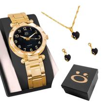 Kit Relógio Feminino Social Quartz Ajustável + Brinco Pedra Strass + Colar Coração Delicado