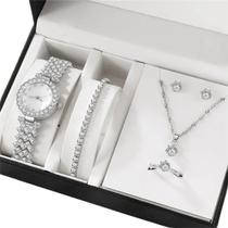 Kit Relógio Feminino Strass Luxo + 5 Acessórios Colar Brinco Cor Da Correia Prateado Cor Do Bisel Prateado Cor Do Fundo Branco
