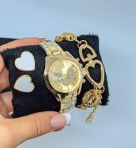 Kit Relógio Feminino Todo Aço Inox Rose Gold Dourado Prata Quartz + Pulseira e Brincos + Caixa Tendência Moda
