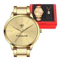 Kit relógio feminino tuguir dourado com semijoia banhada a ouro 18k tg35010