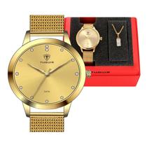 Kit Relógio Feminino Tuguir Dourado Com Semijoia Banhada A Ouro 18K Tg35015