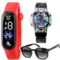 Kit Relógio Homem Aranha Infantil Vermelho Digital Super Heróis + Óculos Sol Preto Presente