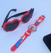 Kit Relógio Infantil Analógico Personagens Super Heróis 3D Silicone Menino/Menina + Óculos de Sol para Crianças Moda
