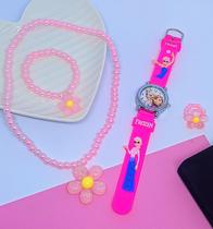 Kit Relógio Infantil Analógio Menina Princesa Disney Desenho 3D Silicone Quartz + Conjunto Colar e Brincos Anel Miçangas
