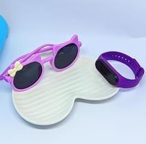Kit Relógio Infantil Bracelete Silicone Ajustável Prova água + Óculos de Sol Menina Gatinho Gato com Laço Flexível Moda