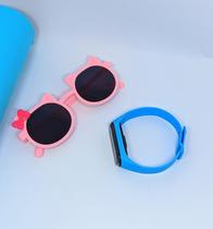 Kit Relógio Infantil Bracelete Silicone Ajustável Prova água + Óculos de Sol Menina Gatinho Gato com Laço Flexível Moda