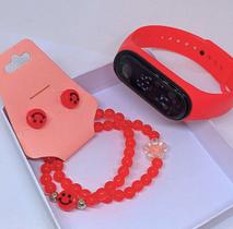 Kit Relógio Infantil Digital Bracelete Prova Agua + Conjunto Pulseiras Infantis Miçangas Coloridas e Brincos Meninas