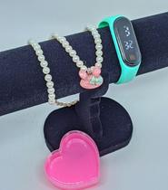 Kit Relógio Infantil Digital Led Bracelete Esportivo Prova água Silicone + Colar e Pulseira Miçangas Caixa Coraçao