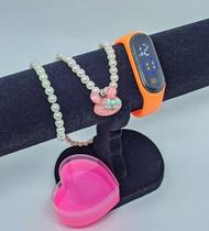 Kit Relógio Infantil Digital Led Bracelete Esportivo Prova água Silicone + Colar e Pulseira Miçangas Caixa Coraçao