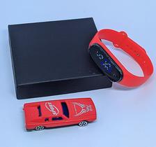 Kit Relógio Infantil Digital Led Bracelete Silicone Prova água + Carro de Brinquedo Carrinhos Miniatura mini Car Criança