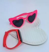 Kit Relógio Infantil Digital Led Menina Prova água Esporte + Óculos de Sol Formato Coração para Crianças