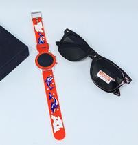 Kit Relógio Infantil Digital Led Redondo Pulseira Silicone desenho 3D + Óculos de Sol Flexível Crianças Menino Bebê Moda