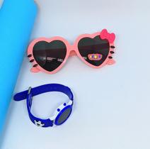 Kit Relógio Infantil Digital Led Redondo Pulseira Silicone Desenho 3D + Óculos de Sol Formato Coração Hello Kitty Laço