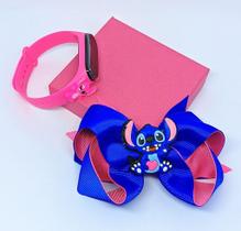 Kit Relógio Infantil Digital Led silicone Disney Stitch Lilo 3D Azul e Rosa + Laço de Cabelo Presilha bico de pato