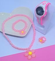 Kit Relógio Infantil Digital Menina Cronometro Alarme Calendário Luz Led + Conjunto Colar e Pulseira Anel Miçangas Moda
