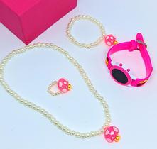 Kit Relógio Infantil Digital Menina Silicone ajustável Desenho 3D + Conjunto Colar Pulseira e Anel Miçangas Pérolas