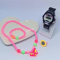 Kit Relógio Infantil Digital Meninas Sport Silicone Colorido + Conjunto Colar e Pulseira Anel miçangas com Pingente