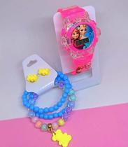 Kit Relógio Infantil Digital Pisca Luz e toca Musica Princesas Disney + Conjunto 3 Pulseiras e Brincos miçangas Presente