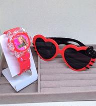 Kit Relógio Infantil Digital Pisca luz Led Colorida Musica Silicone ajustável + Óculos Armação Coração Hello Kitty Moda