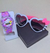 Kit Relógio Infantil Digital Pisca luz Led Colorida Musica Silicone ajustável + Óculos Armação Coração Hello Kitty Moda