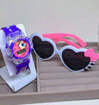 Kit Relógio Infantil Digital Pisca luz Led Colorida Musica Silicone ajustável + Óculos Armação Coração Hello Kitty Moda