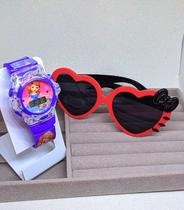 Kit Relógio Infantil Digital Pisca luz Led Colorida Musica Silicone ajustável + Óculos Armação Coração Hello Kitty Moda