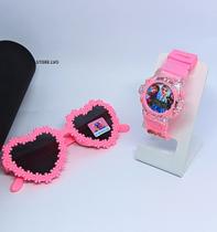 Kit Relógio Infantil Digital Pisca Luz Led Colorido Princesas Lol Barbie + Óculos de Sol Coração Florzinha Flexível