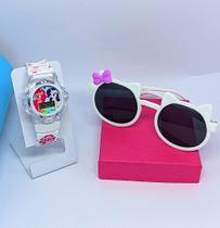 Kit Relógio Infantil Digital Pisca Luz Led Princesas Barbie Frozen + Óculos de Sol Gatinho com Laço Flexível Moda