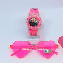 Kit Relógio Infantil Digital Pisca Luz Led Princesas Disney + Óculos de Sol Coração Degrade Luxo Moda blogueirinha 2024