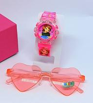 Kit Relógio Infantil Digital Pisca Luz Led Princesas Disney + Óculos de Sol Coração Degrade Luxo Moda blogueirinha 2024