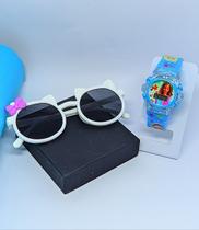 Kit Relógio Infantil Digital Pisca Luz Led Princesas Disney + Óculos de Sol Gatinho Gato Flexível Menina Tendência