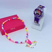 Kit Relógio Infantil Digital Pisca Luz Led Toca Musica barbie Frozen + Colar Miçangas com Pingente 3D Princesas Moda