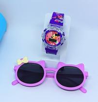 Kit Relógio Infantil Digital Pisca Luz Led Toca Musica Peppa Frozen + Óculos de Sol Menina Gatinho com Laço Tendência