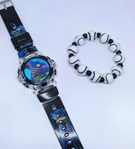 kit Relógio Infantil Digital Pisca Luz Led Toca Musica Personagens Super Heróis + Pulseira Miçanga Bola Esporte Moda